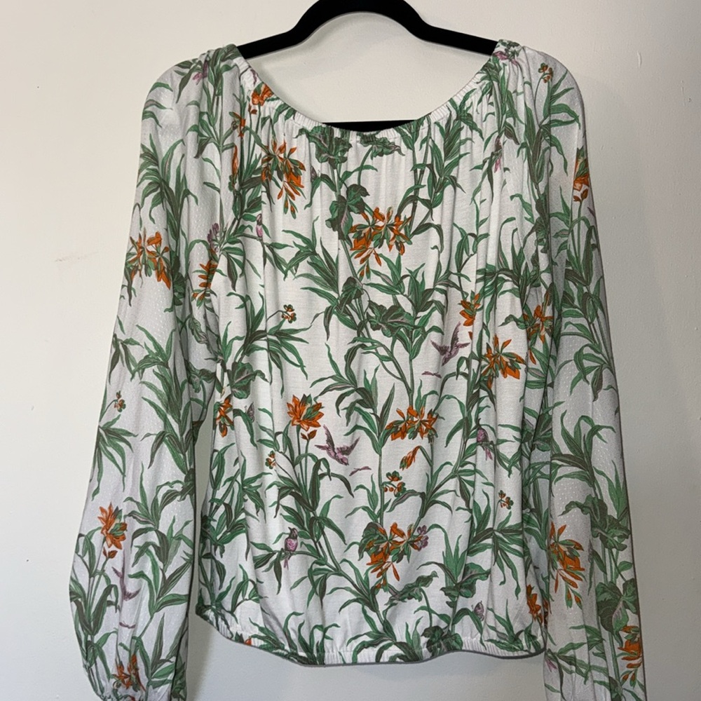 Anthropologie White Floral Long Sleeve Blouse with Pink Birds Size Medium‎ - Picture 6 of 6